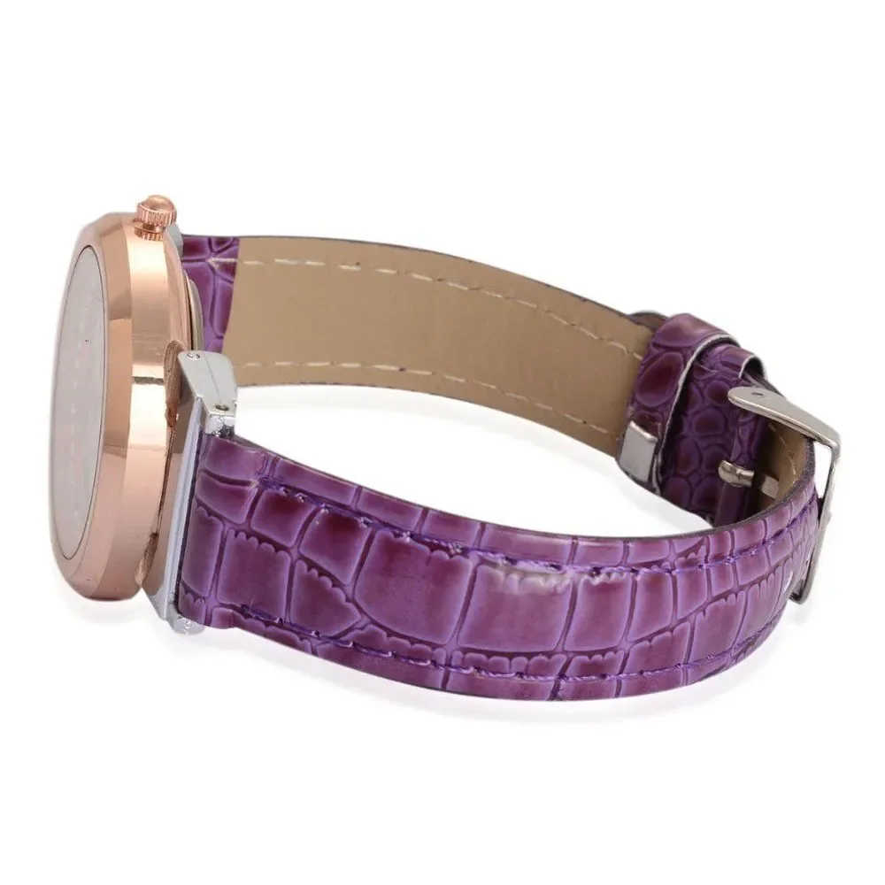 STRADA Austrian Crystal Watch Purple Faux Leather Band